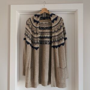 French Connection Speckled Oatmeal Nordic Patterned Wood Cardigan With Tie